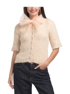 Women’s Cream Short-Sleeve Button Cardigan Sweater